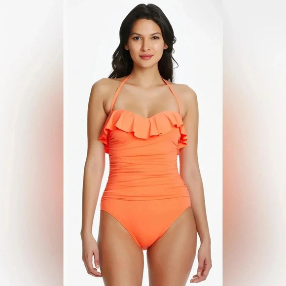 BLEU ROD BEATTIE KORE RUFFLED BANDEAU ONE PIECE SWIMSUIT SIZE 10 - Picture 2 of 7